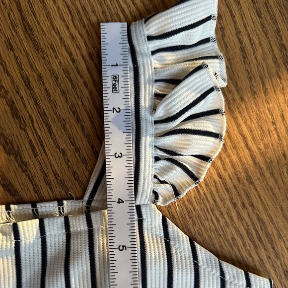 Rare Editions Y2K White Black Strip Ruffled Straps  Gold Button Crop Top - Picture 6 of 7